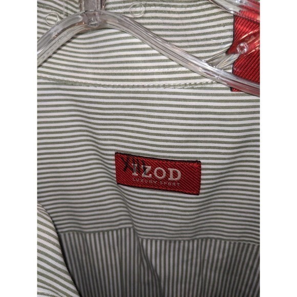 IZOD 100% cotton men size L green striped long sleeve button down collared shirt - Picture 3 of 4
